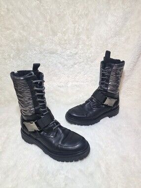 Ma&Lò Italy Black Leather Metallic Silver Puffer Combat Boots Buckle Lug Sole 39